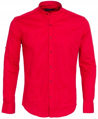Czerwona koszula męska ze stójką, krój slim fit, ujęcie produktowe z przodu