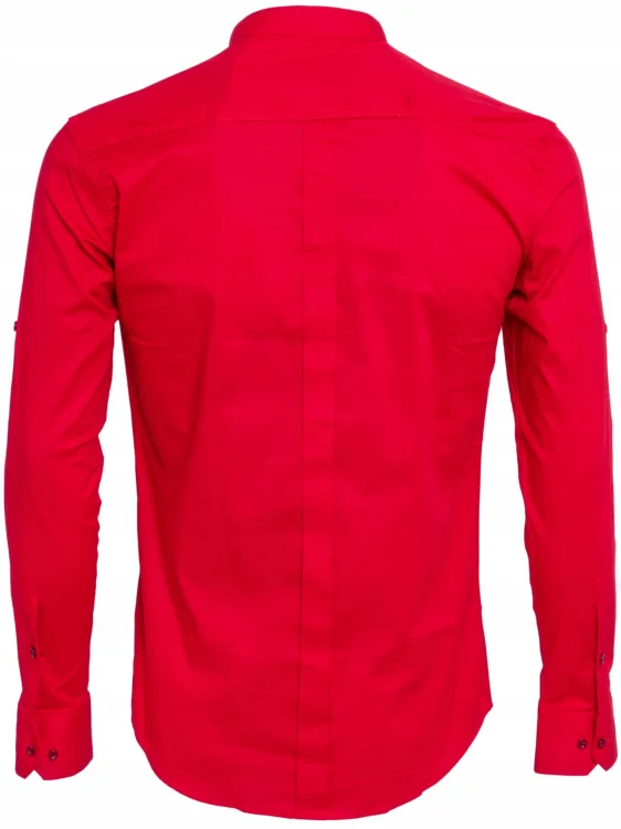 Czerwona koszula męska ze stójką, krój slim fit, ujęcie z boku