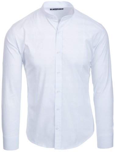 Biała koszula męska ze stójką, krój slim fit, ujęcie produktowe z przodu