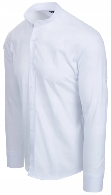 Biała koszula męska ze stójką, krój slim fit, ujęcie z boku