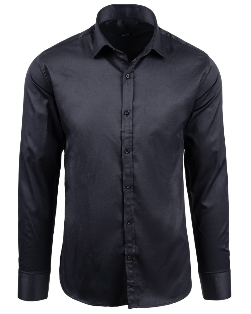 Czarna satynowa koszula męska slim fit – widok z przodu - sama koszula