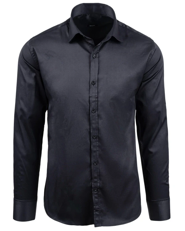 Czarna satynowa koszula męska slim fit – widok z przodu - sama koszula