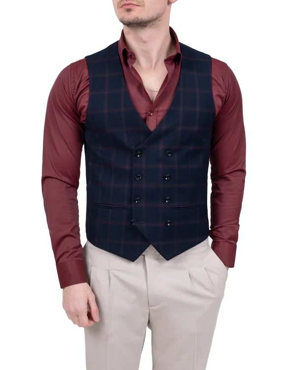 Kamizelka męska granatowa w kratę Slim Fit przód