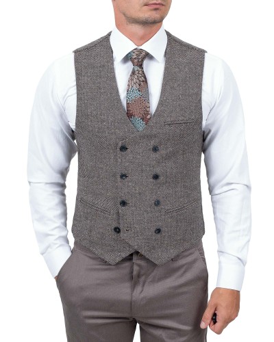 kamizelka męska tweedowa brązowa dwurzędowa slim fit przód