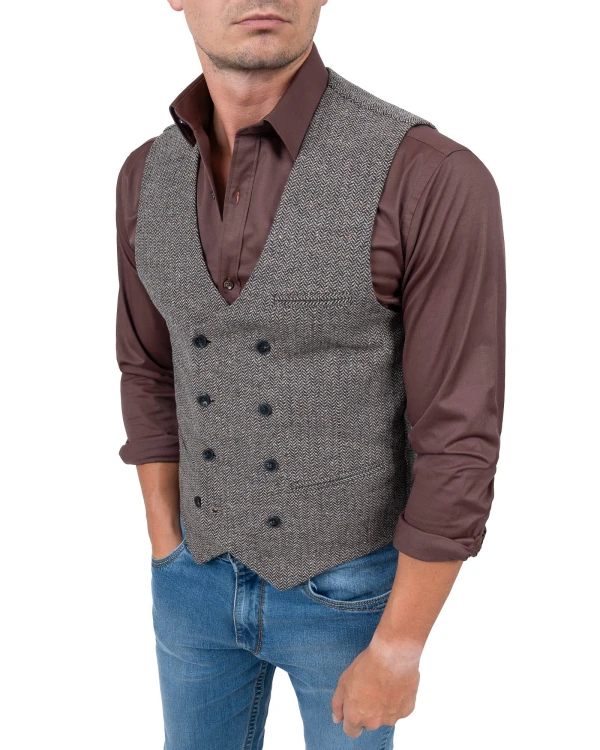 elegancka kamizelka męska tweedowa slim fit brązowa do jeansów
