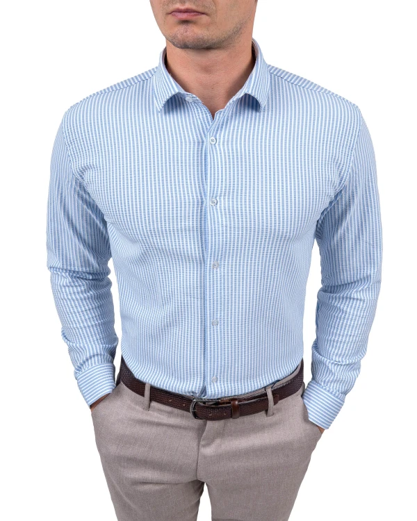 koszula męska niebiesko-biała w paski Slim Fit z kołnierzem