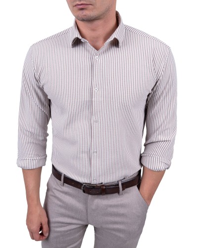 Koszula męska Slim Fit beżowo-biała – styl smart casual