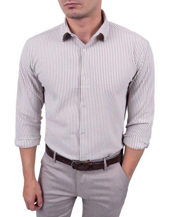 Koszula męska Slim Fit beżowo-biała – styl smart casual
