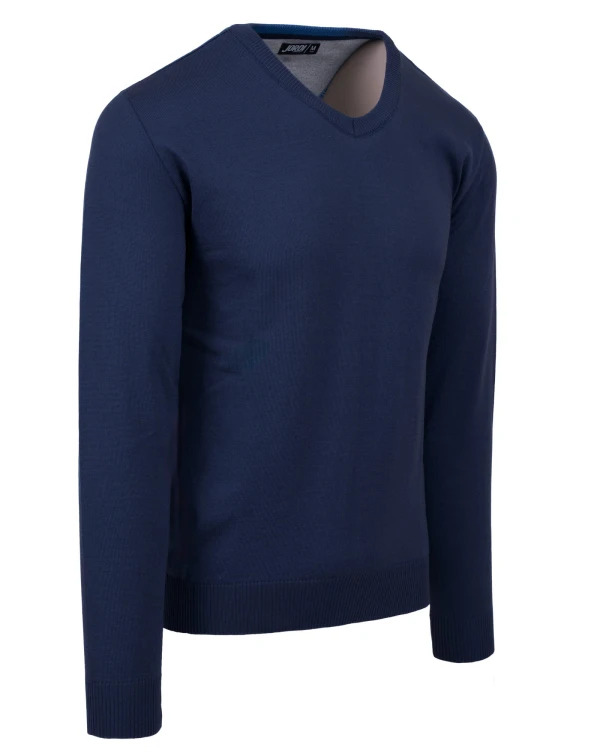sweter męski granatowy w serek z boku