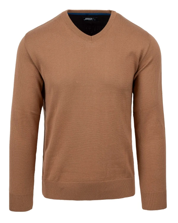 sweter męski jasny brąz w serek - przód