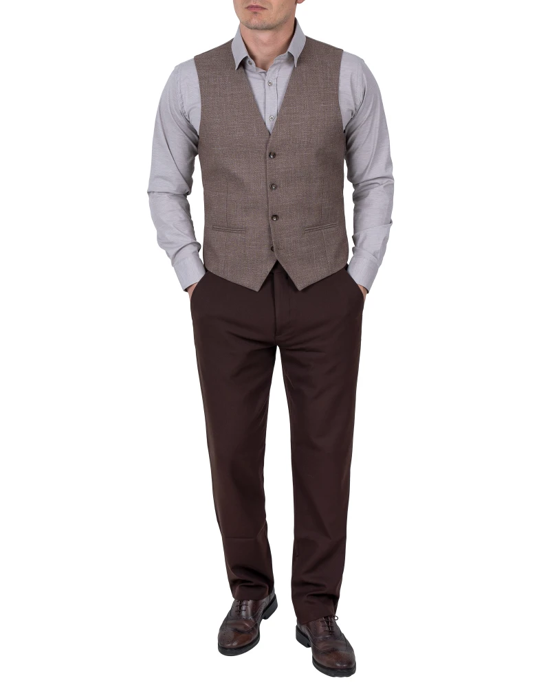 spodnie brązowe klasyczne z elegancka kamizelka beżową męską