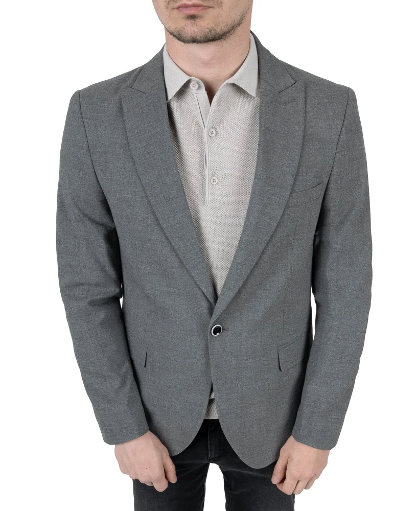 marynarka męska slim na modelu przód z koszulka szarą polo