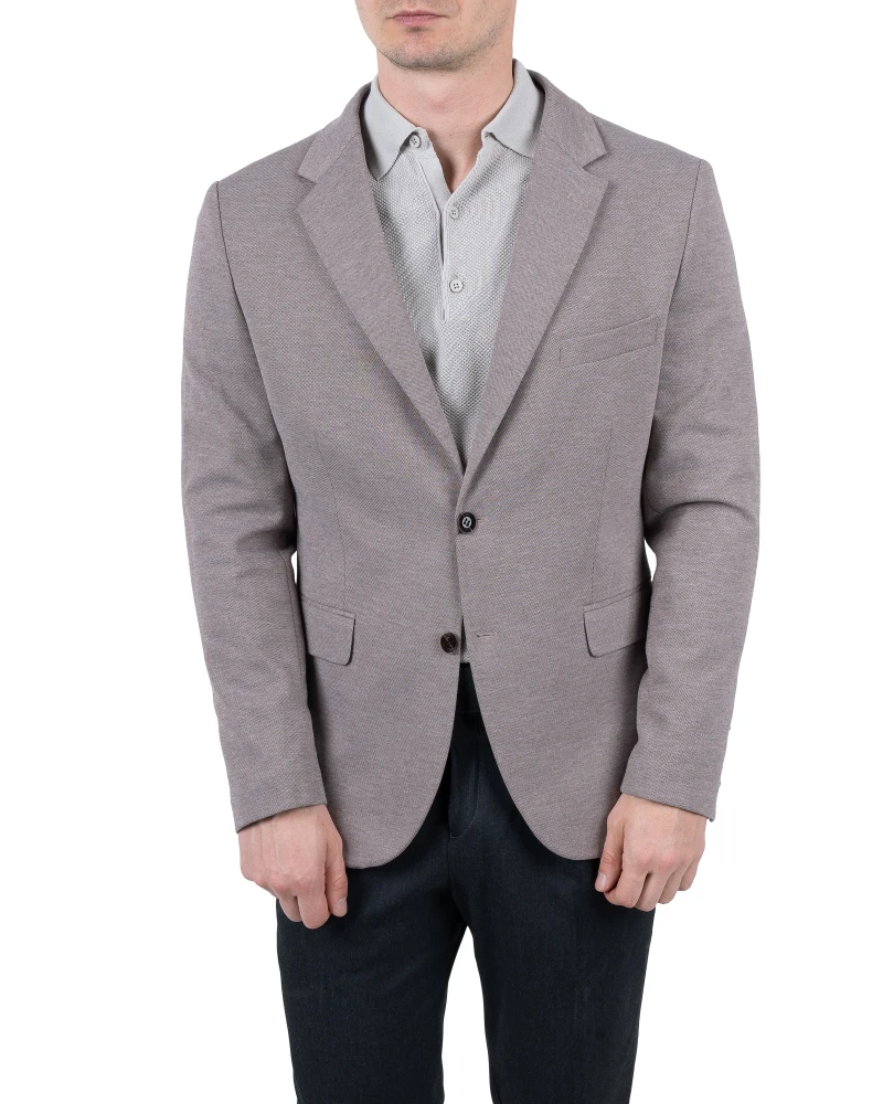marynarka szarobeżowa melanż slim fit z koszulą polo — smart casual, Szafler
