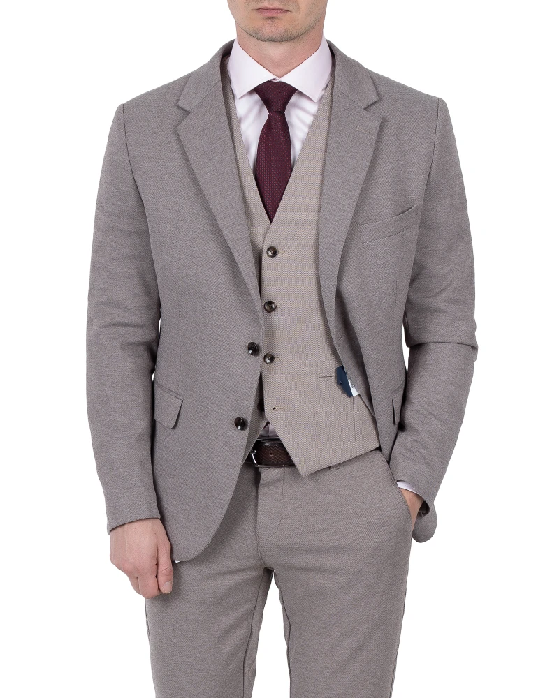 marynarka szarobeżowa melanż slim fit z jeansami casual, Szafler