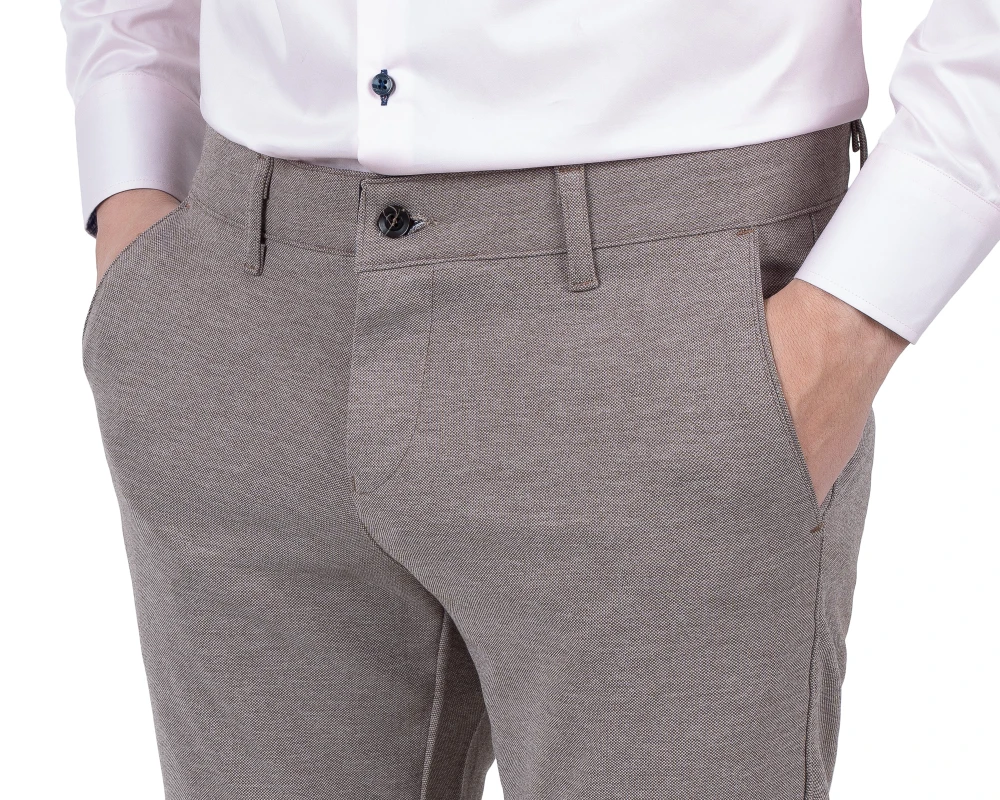 spodnie męskie szary beż melanż slim fit pas detail z boku, Szafler
