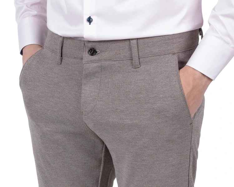 spodnie męskie szary beż melanż slim fit pas detail z boku, Szafler
