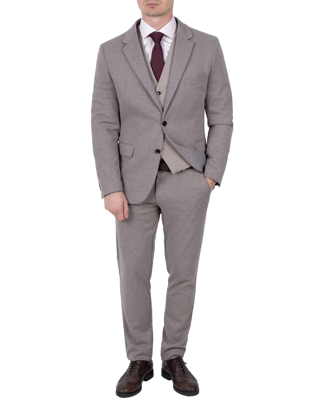 Garnitur męski szarobezowy melanż slim fit — wesele komunia, Szafler