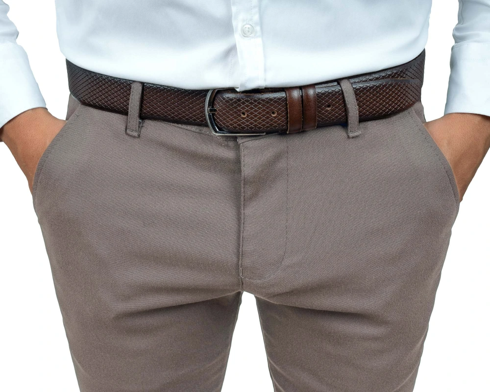 Spodnie męskie beżowe Slim Fit gładkie – detal pasa