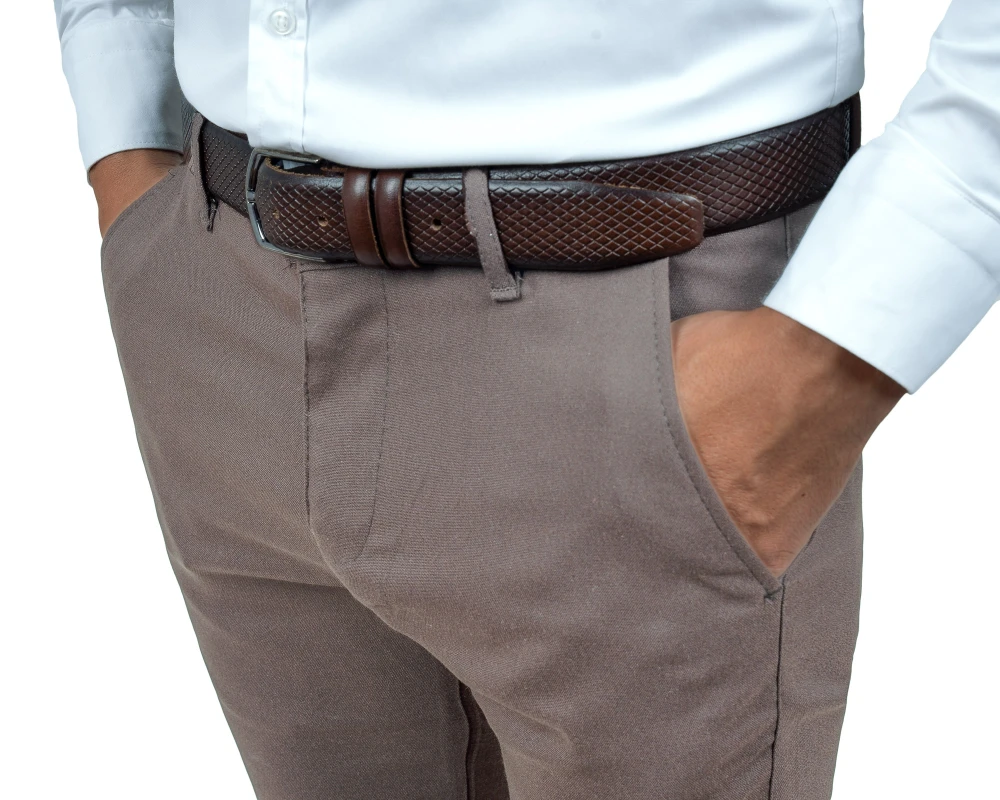 Spodnie męskie beżowe Slim Fit gładkie – detal kieszeni