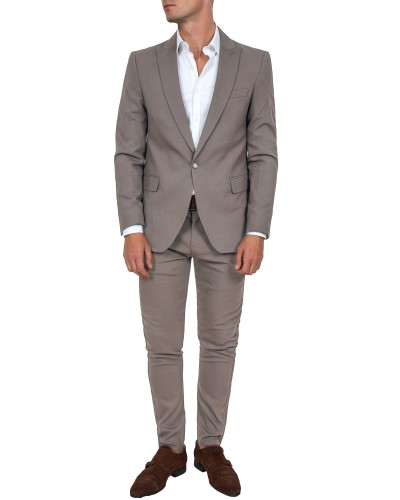 Garnitur męski beżowy Slim Fit gładki – stylizacja smart casual z rozpiętą koszulą, Szafler