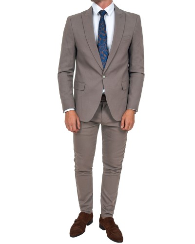 Garnitur męski beżowy Slim Fit gładki – widok z przodu z krawatem, Szafler