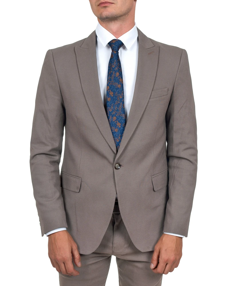 Garnitur męski beżowy Slim Fit gładki – widok z przodu z krawatem - zbliżenie na marynarkę, Szafler