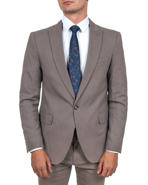 Garnitur męski beżowy Slim Fit gładki – widok z przodu z krawatem - zbliżenie na marynarkę, Szafler