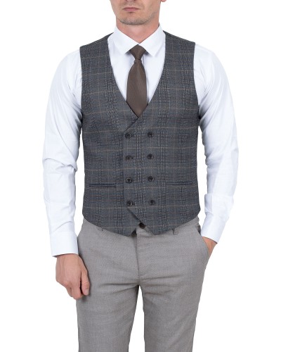 Kamizelka męska dwurzędowa w kratę z koszulą i krawatem - stylizacja elegancka, Szafler