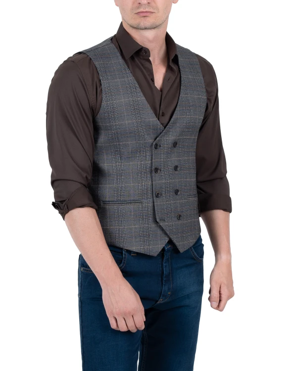 Kamizelka męska dwurzędowa w kratę z jeansami - stylizacja smart casual, Szafler