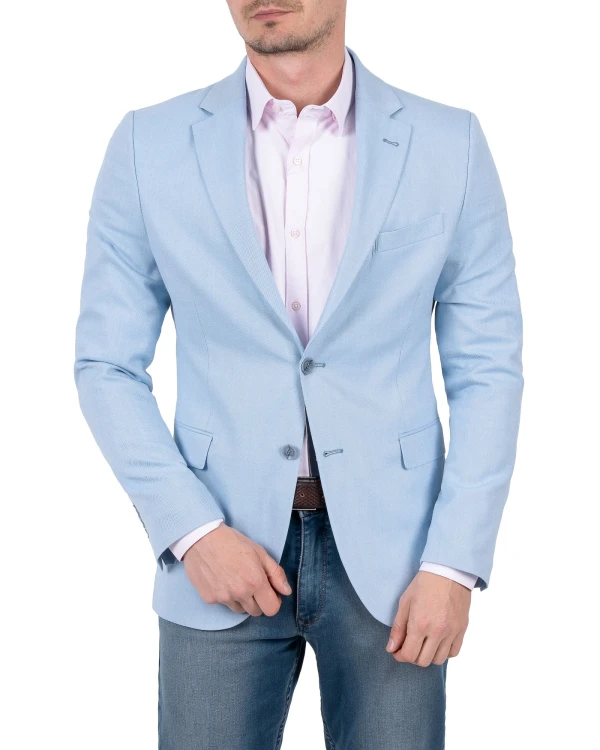 Marynarka męska błękitna do jeansów slim fit - ujęcie z przodu, Szafler