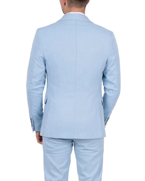 Błękitny garnitur męski slim fit - widok z tyłu, krój marynarki, Szafler