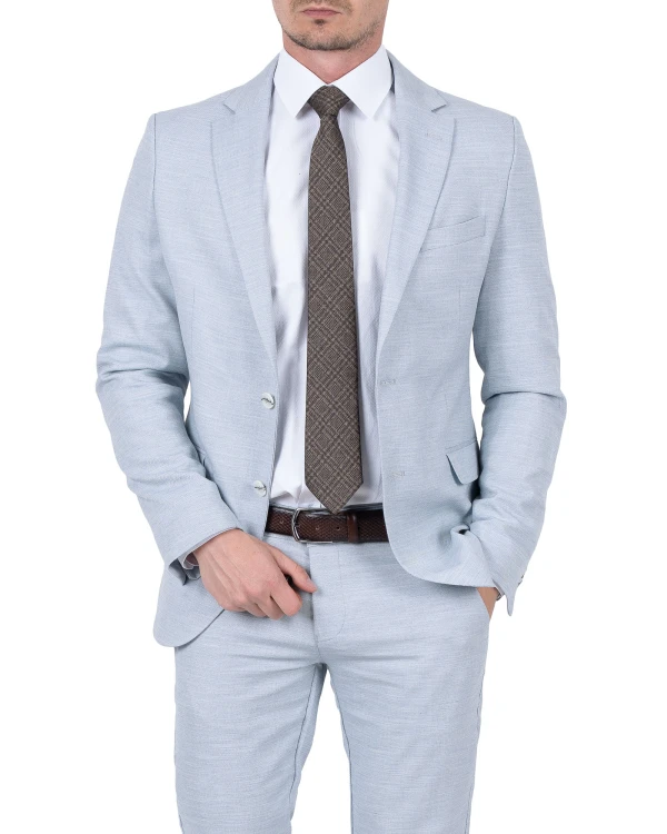 Marynarka męska szaroniebieska slim fit - ujęcie z przodu pod krawat, Szafler