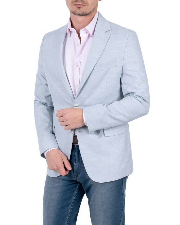 Marynarka męska szaroniebieska z jeansami - stylizacja smart casual z przodu, Szafler