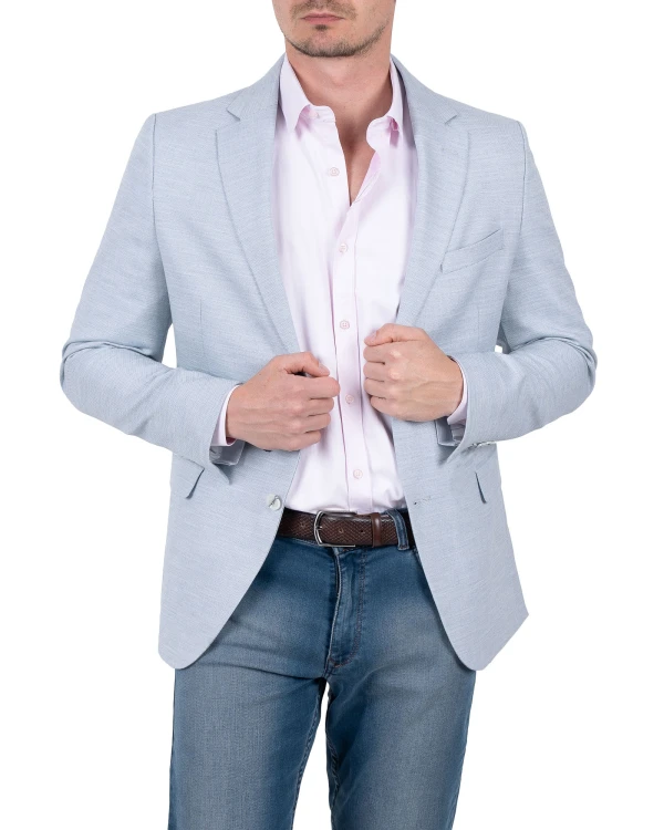 Marynarka męska szaroniebieska do jeansów slim fit - ujęcie z przodu, Szafler