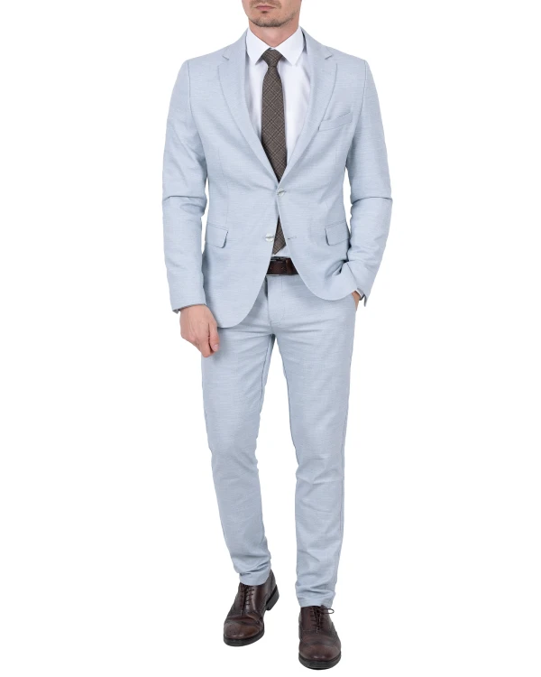 Szaroniebieski garnitur męski slim fit z krawatem - cała sylwetka, Szafler