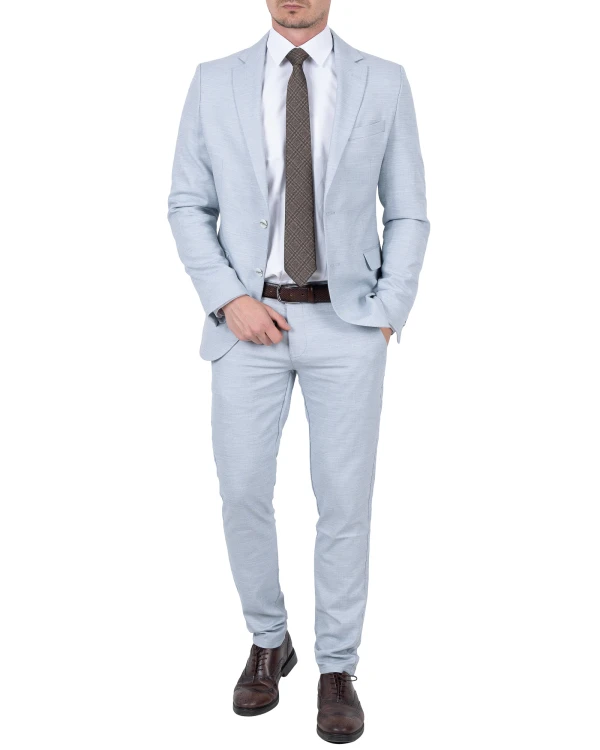 Garnitur męski szaroniebieski melanż slim fit - sylwetka z przodu, Szafler