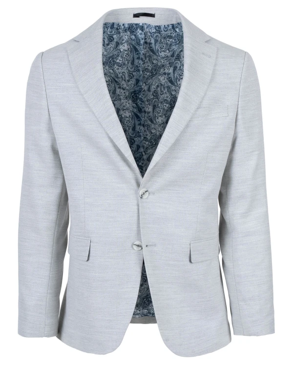 Marynarka męska jasnoszara Slim Fit - widok z przodu, wzorzysta podszewka paisley, Szafler