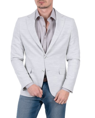 Marynarka męska jasnoszara z jeansami - stylizacja smart casual z przodu, Szafler