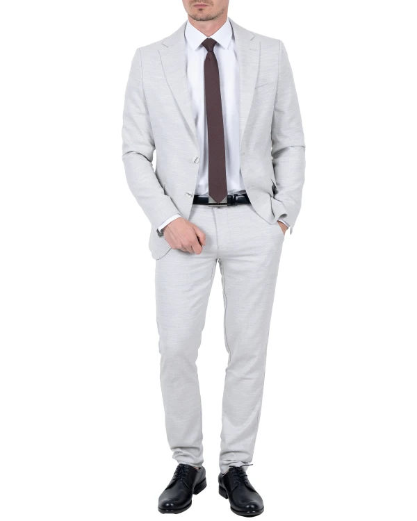 Garnitur męski jasnoszary melanż slim fit - sylwetka z przodu, Szafler