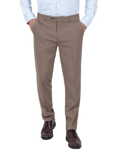 Spodnie męskie beżowe w kant wizytowe Slim Fit - zbliżenie na przód, Szafler