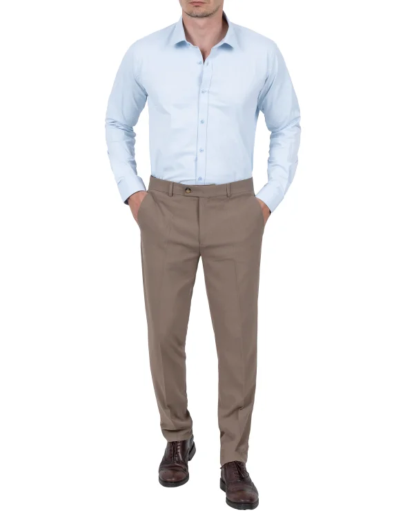 Spodnie męskie beżowe slim fit w kant - ujęcie z przodu, Szafler