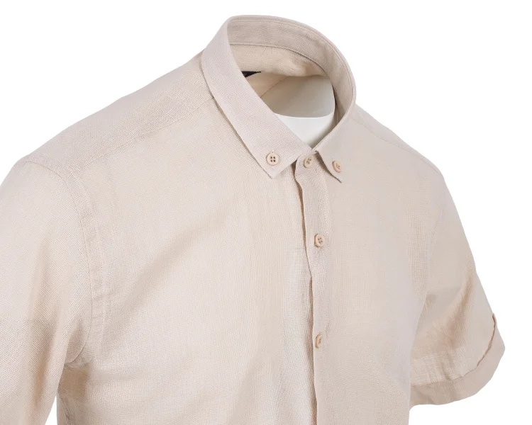 Koszula męska beżowa - kołnierzyk button-down, detal, Szafler