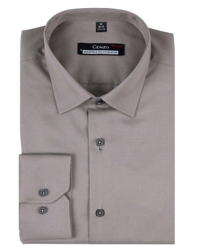 Koszula męska szarobeżowa Slim Fit do garnituru - złożona, widok z przodu, Szafler