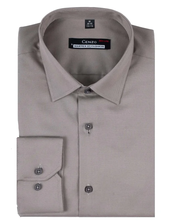 Koszula męska szarobeżowa Slim Fit do garnituru - złożona, widok z przodu, Szafler