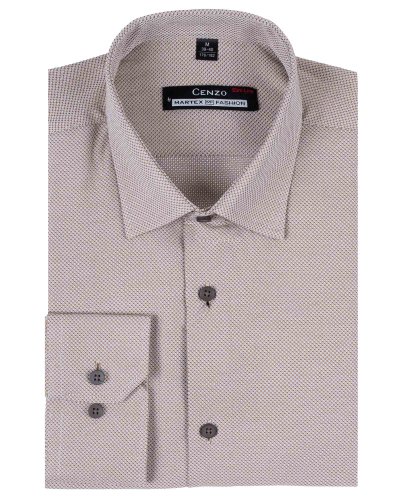 Koszula męska beżowa strukturalna Slim Fit - złożona, widok z przodu, Szafler