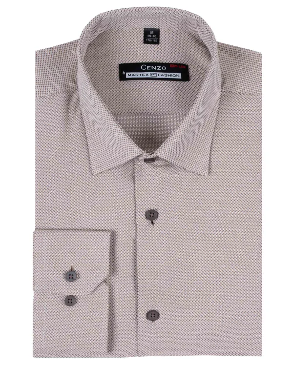 Koszula męska beżowa strukturalna Slim Fit - złożona, widok z przodu, Szafler