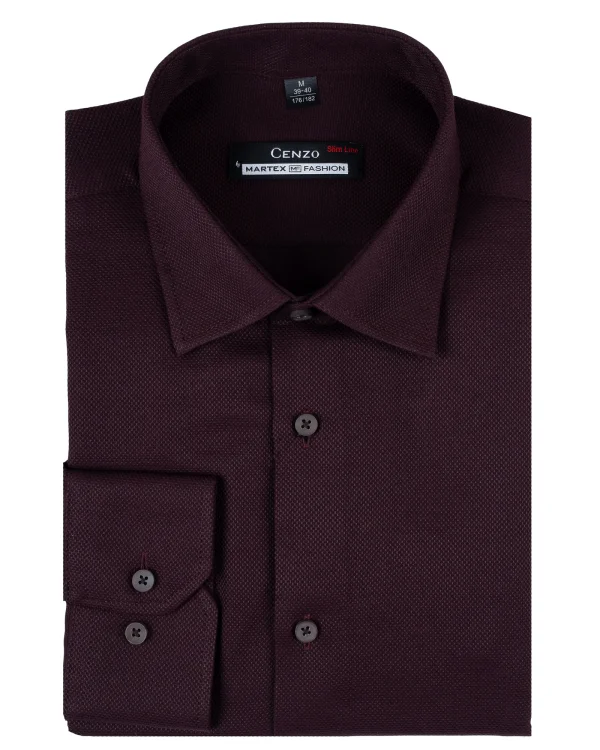 Koszula męska bordowa strukturalna Slim Fit - złożona, widok z przodu, Szafler