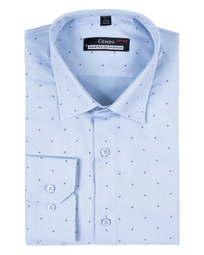 Koszula męska błękitna w jodełkę Slim Fit - złożona, widok z przodu, Szafler