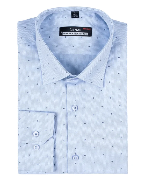 Koszula męska błękitna w jodełkę Slim Fit - złożona, widok z przodu, Szafler