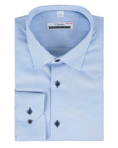 Koszula męska błękitna w drobny granatowy wzór Slim Fit - złożona, widok z przodu, Szafler